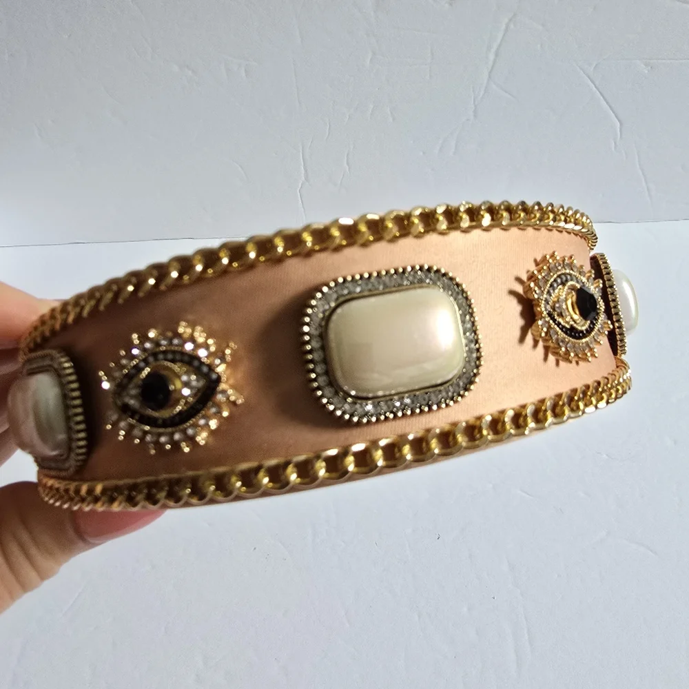 Embellished Tan Headband with Pearl And Gold  Accents - Picture 3 of 7